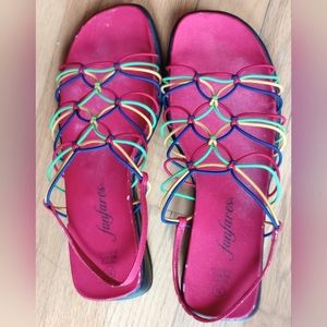 BEAUTIFUL PINK SOLE SANDLES MULTICOLOR STRAPS, 1" FLATS, SIZE 6 -7, LIKE NEW